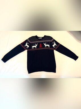 H&M Men's Navy Crewneck Reindeer and Christmas Tree Sweater with Red Accents